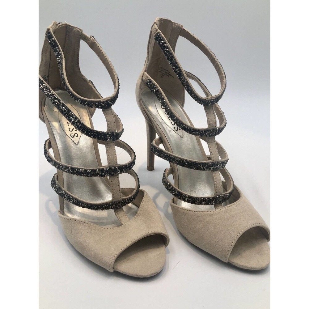 GUESS WGHALSTON Beige Sand Metallic GRAY Rhinestone Heel Strappy‎ Sandal Evening